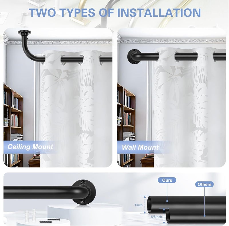 TANGWIN Black Wrap Around Curtain Rods 48 to 90 Inch:Blackout Heavy duty Adjustable Window Curtain Rod for Bedroom,Industrial Darkening Curved French Metal Single Drapery Rods Easy Install,Matte Black - Image 4